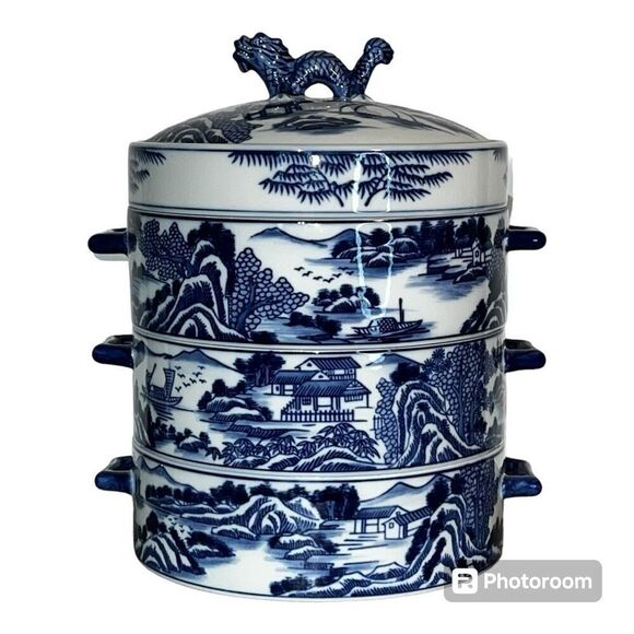 Vintage Bombay Chinese Dragon Dumpling Dish Blue Willow 3 Stacking Box Covered - Picture 1 of 14
